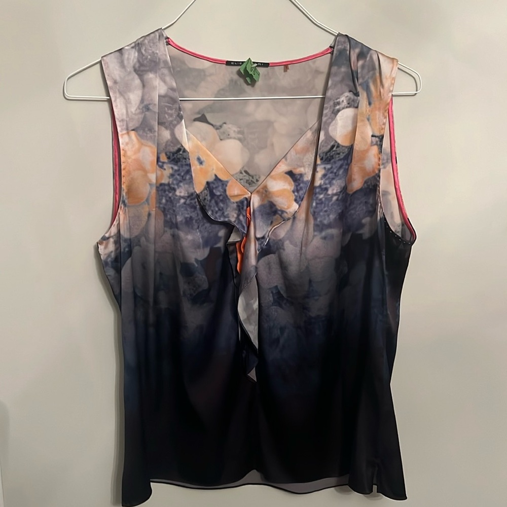 Elie Tahari Size Large Vintage Woman Designer Sleeveless Top Floral Blouse